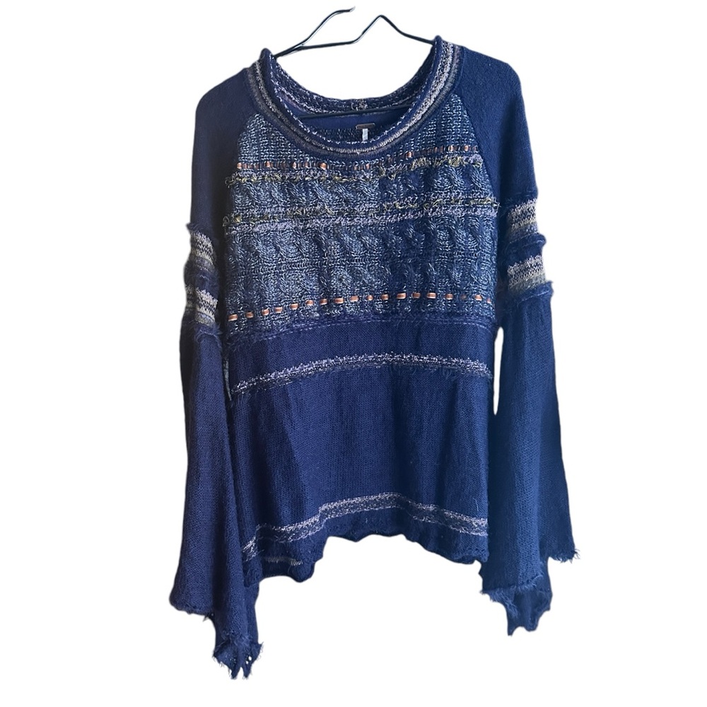 Free People Craft Time Bell Sleeve Sweater Small – Oversized Boho Navy Knit